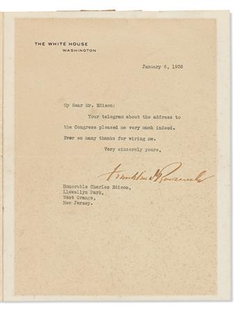 ROOSEVELT, FRANKLIN D.; AND ELEANOR. Two Typed Letters Signed, each by one, as President or First Lady, to Governor Charles Edison or h